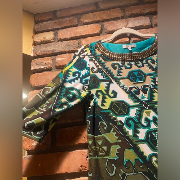 SANDRA DARREN Women's Size 6 Tribal Geometric 3/4 Sleeve Shift Dress - Picture 4 of 6